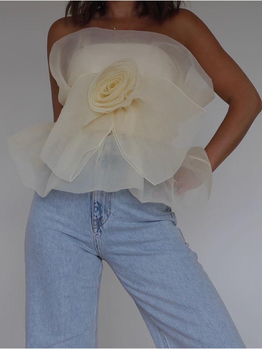 ZARA Strapless cream Organza Floral Peplum Top